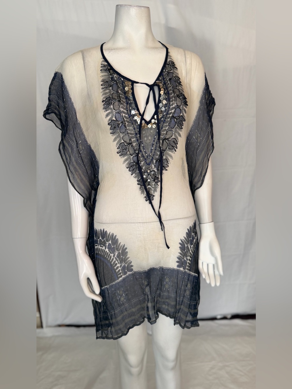 Sheer Embroidered Tie-Front Tunic in Cream and Black